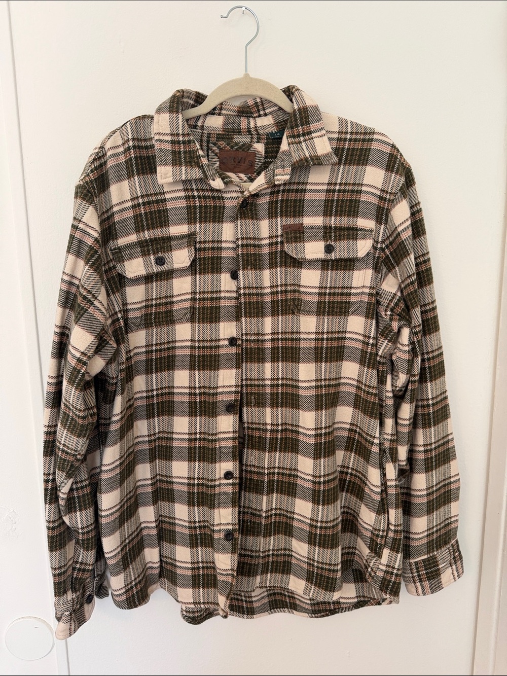 Orvis Plaid Flannel Shacket Shirt Jacket Cream Brown L